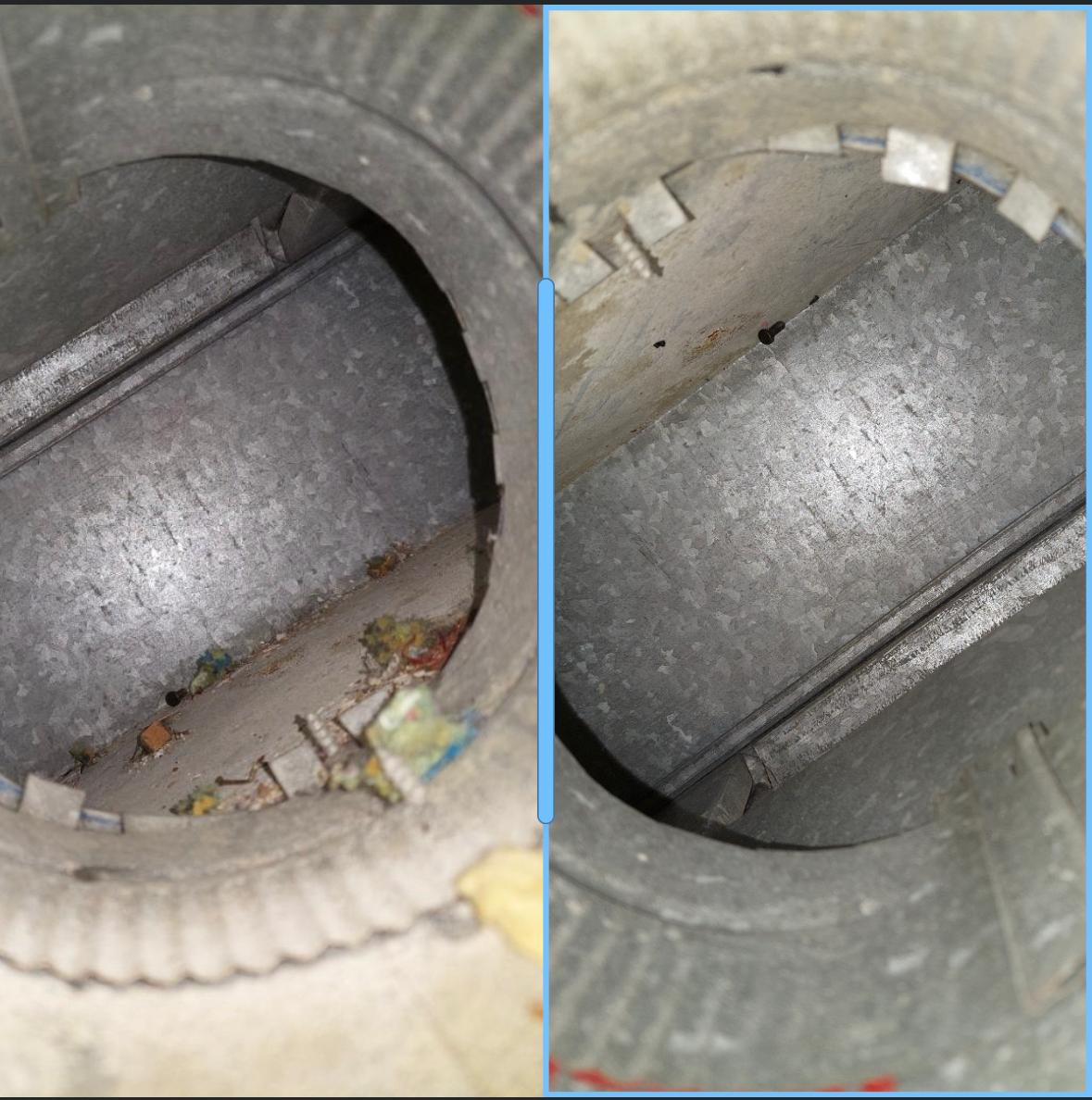 Before and after: construction debris removed from a duct takeoff in an Arlington home