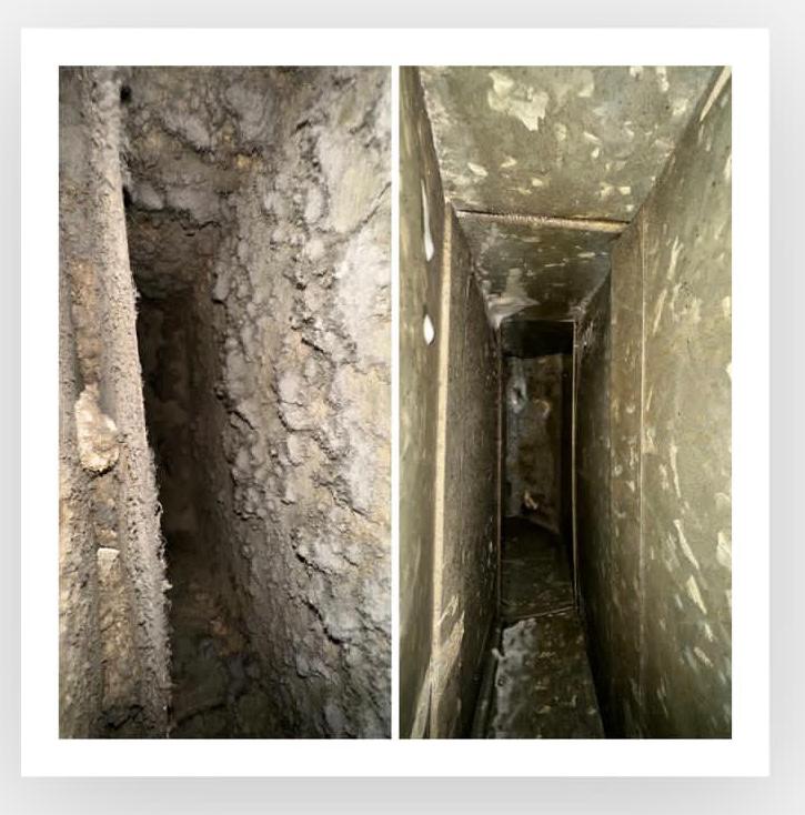 Before and after: a debris-packed return chase cleared during an Arlington air duct cleaning