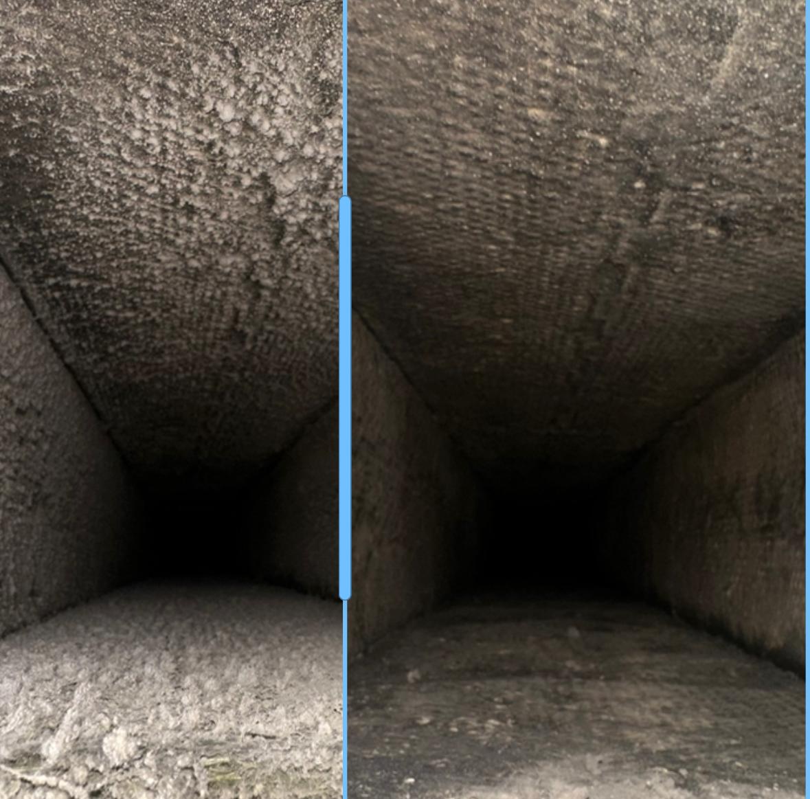 Before and after: a caked air duct supply trunk in an Arlington home restored to clean metal
